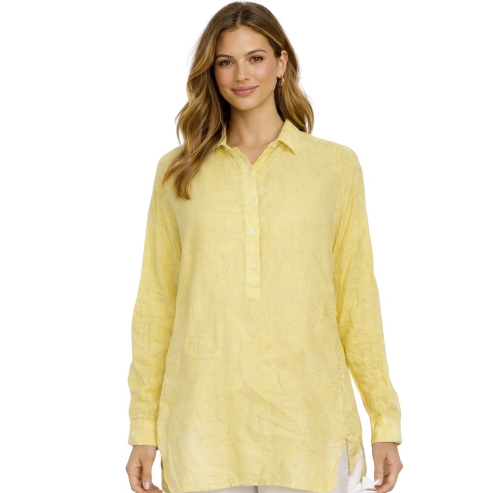 J.McLaughlin Yellow 100% Linen Popover Tunic Top Womens Medium Long Sleeve Shirt
